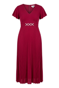 Embellished Buckle Trim Pleated Flutter-Sleeve Midi Dress from the plus- in a vibrant red color with flutter sleeves.