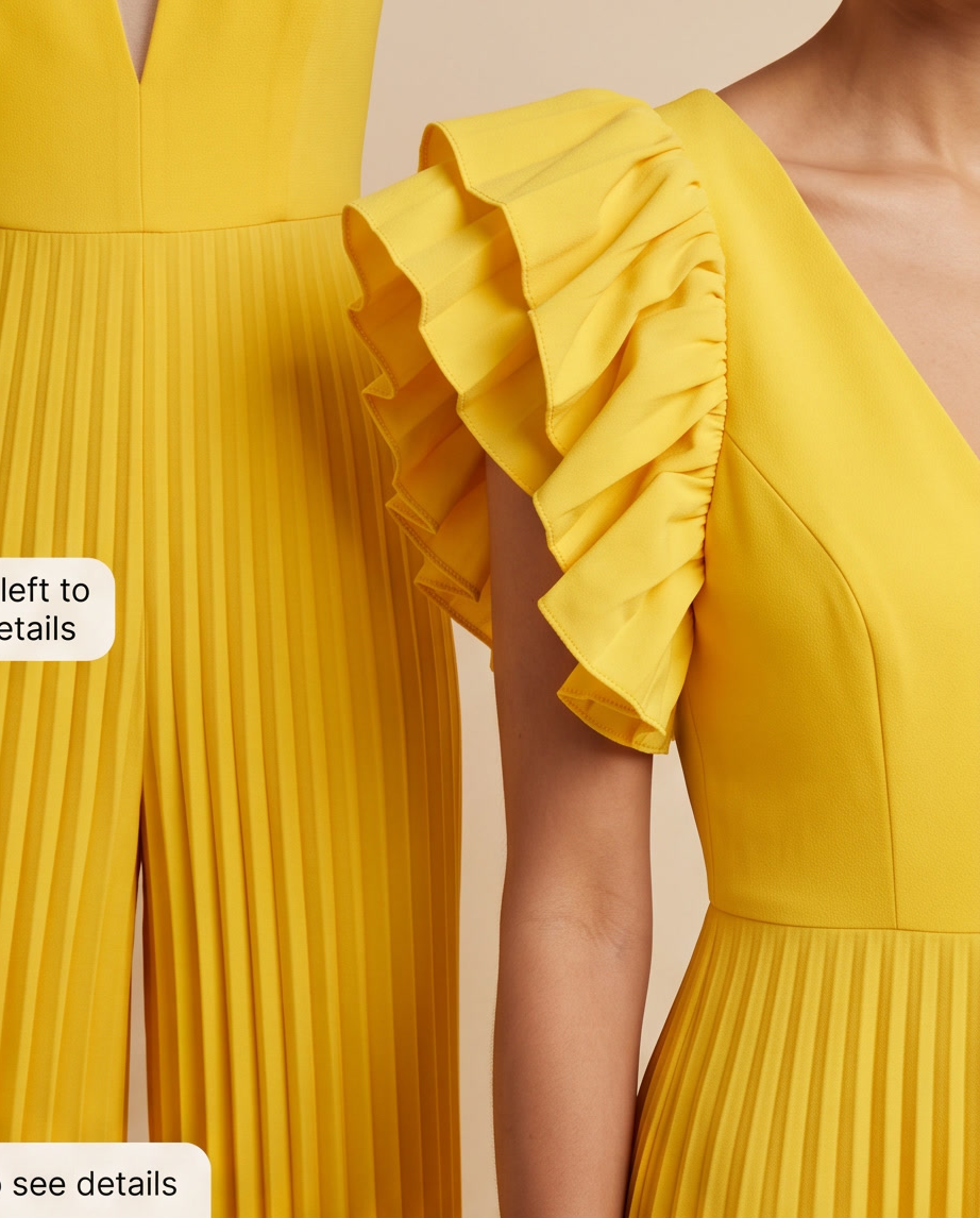 Deep V-Neck Layered Ruffle Sleeve Pleated Wide-Leg Jumpsuit close-up of ruffle sleeve and pleated detailing in vibrant yellow
