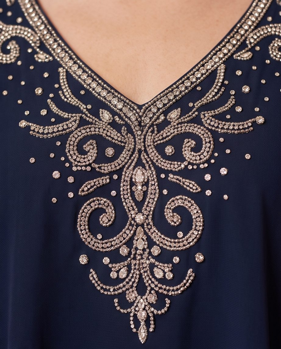 Elegant Blue Chiffon Blouse with Rhinestones - Your Go-To for Effortless Style featuring intricate rhinestone design.