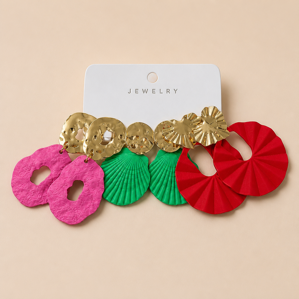 3pairs Retro Bohemian Textured Metal Matte Colorful Geometric Dangle Earrings Set