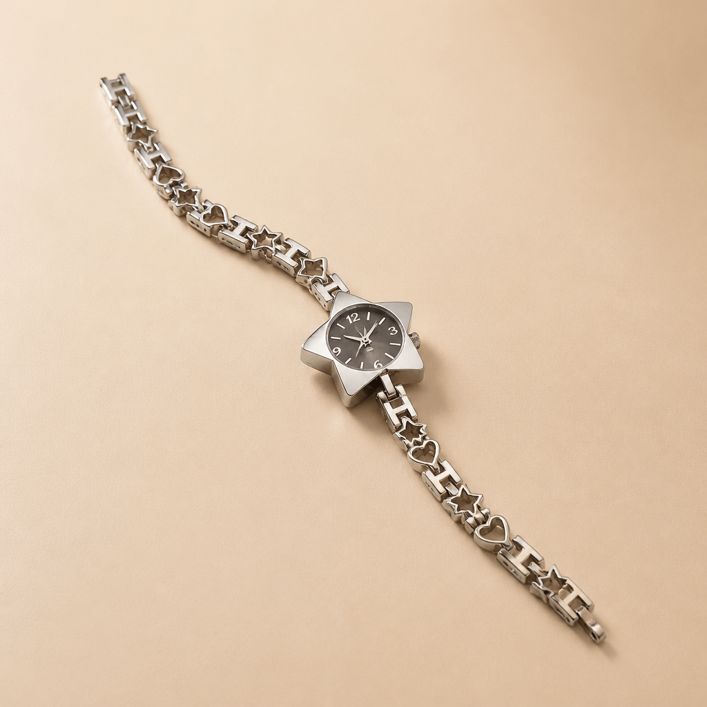 Celestial Star-Shaped Dress Watch | Crystal Rhinestone Timepiece on a beige background.