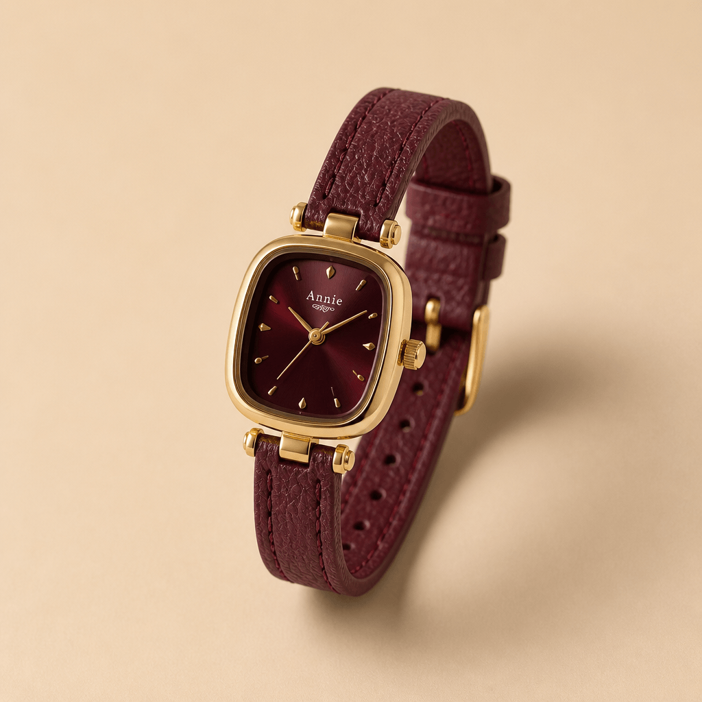 Vintage Cushion-Case Women's Watch | Gold-Plated & Emerald Leather Strap displayed elegantly.