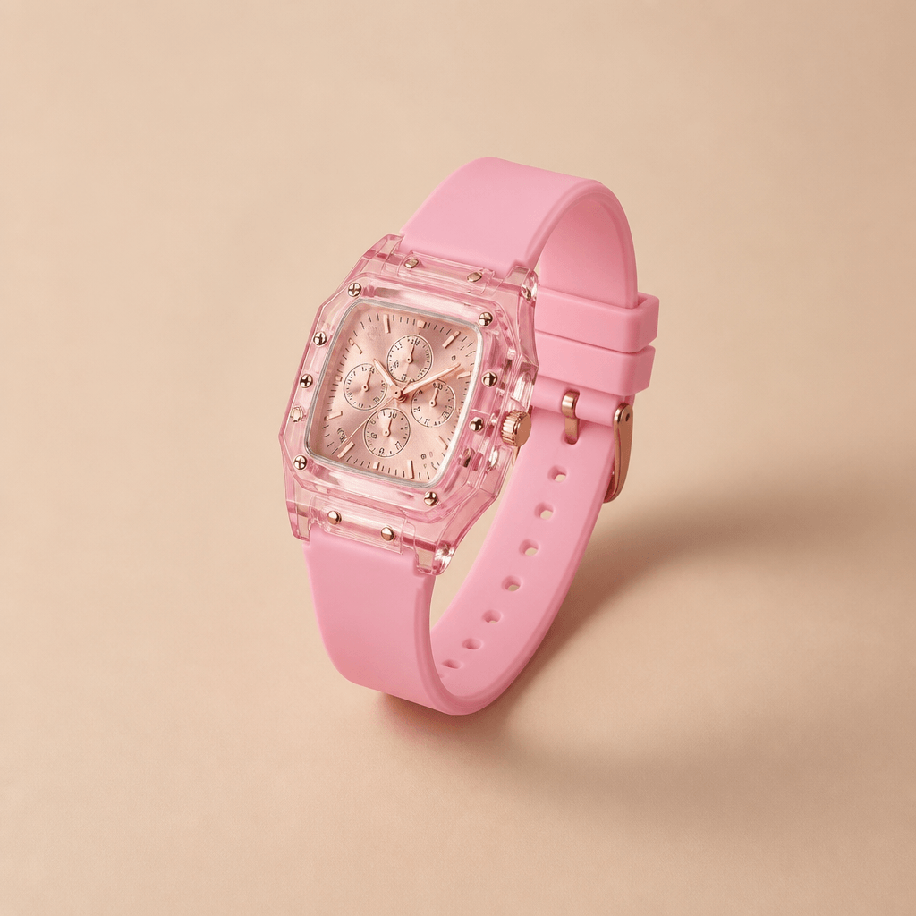 Translucent Tonneau Sports Watch | Unisex Silicone Chronograph-Style in pink silicone strap with clear case.
