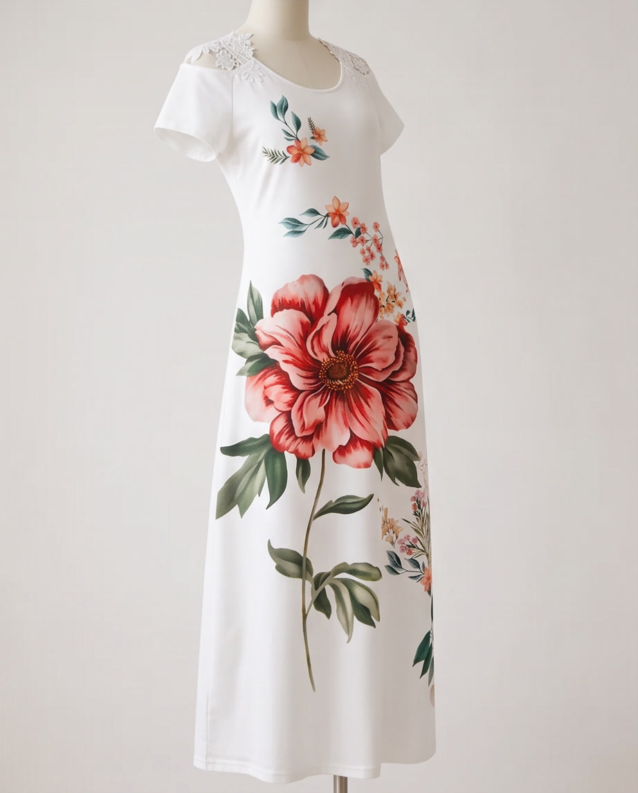Floral Print Cold-Shoulder Lace-Trimming Maxi Dress displayed on a mannequin with vibrant floral designs.
