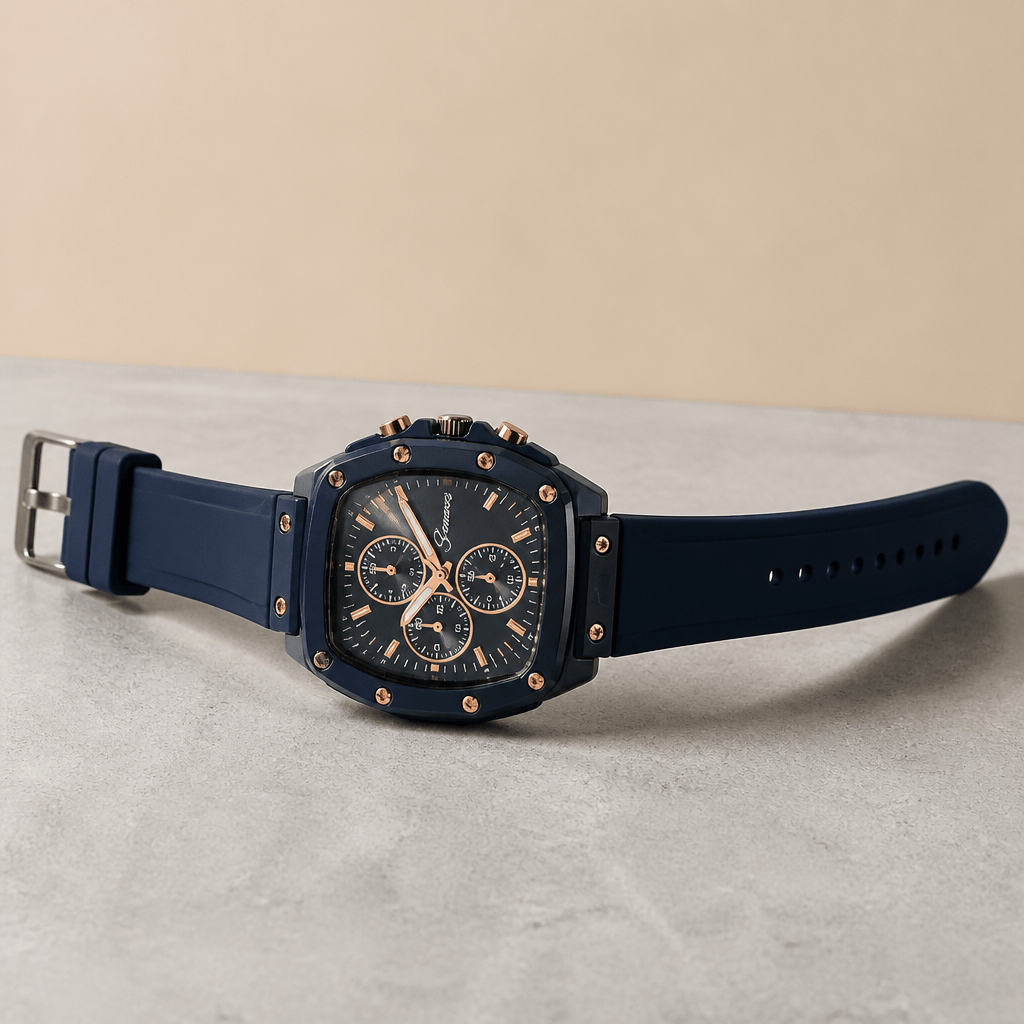 Translucent Tonneau Sports Watch | Unisex Silicone Chronograph-Style in navy with gold accents on a gray surface.