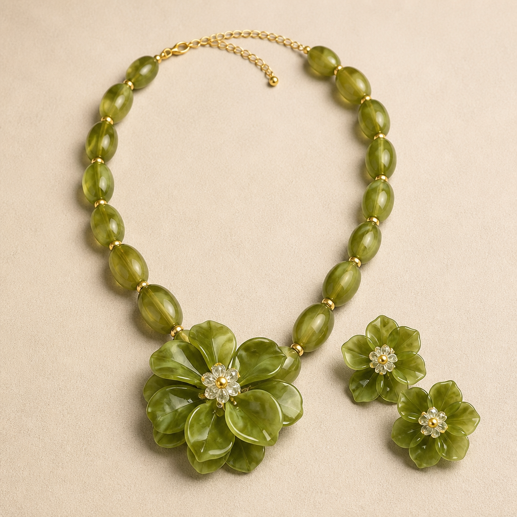 3pcs/Set Women's Jewelry Set Exaggerated Vintage Elegant Acrylic Beaded Flower Pendant Necklace & Earrings Set