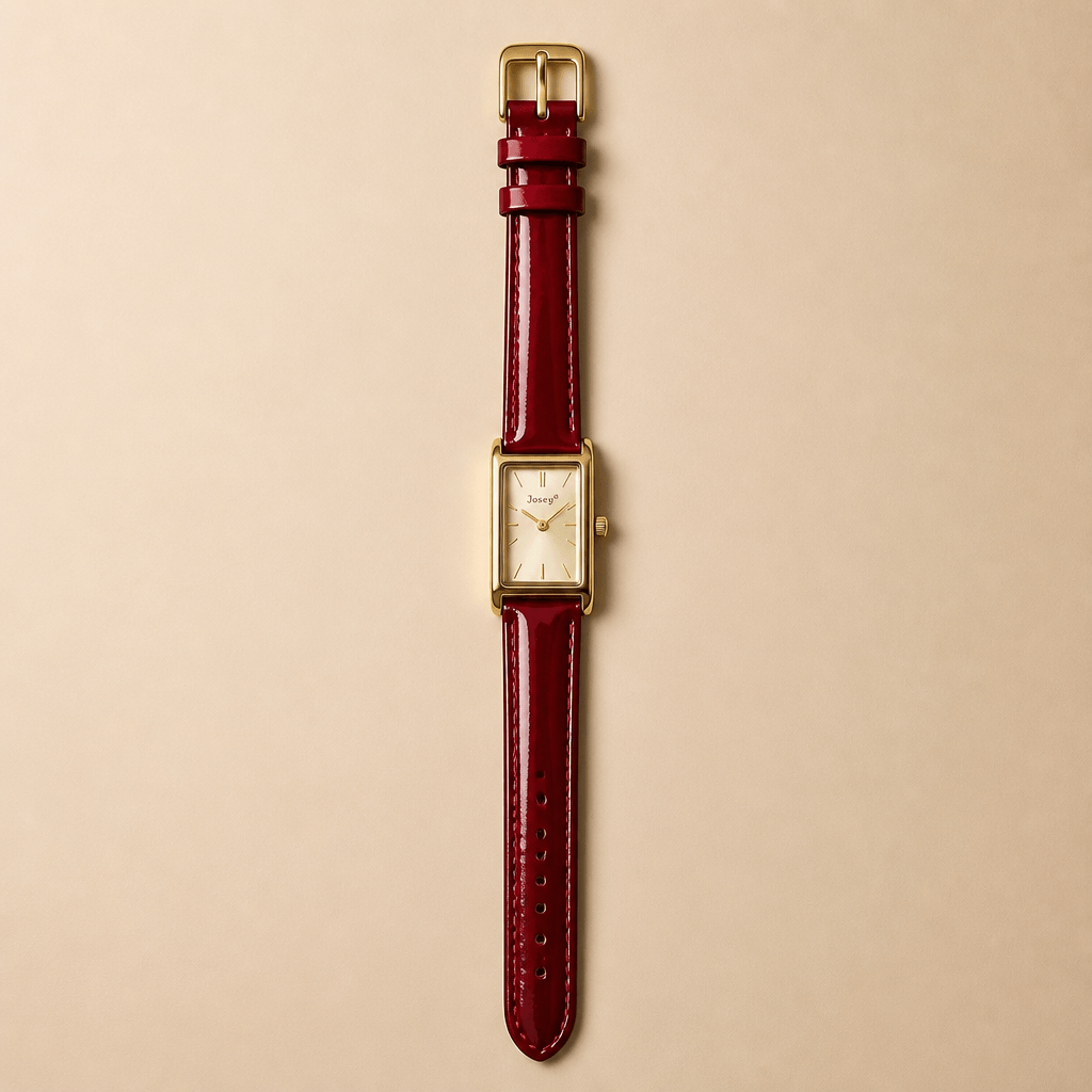Gaiety Classic Gold Dial Watch | Rectangular Case & Leather Strap on a beige background.