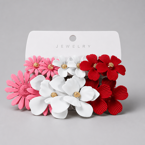 Brighten Your Look with Bohemian Flower Stud Earrings – 6 Pairs of Vibrant Metal Designs, colorful flower earrings set.