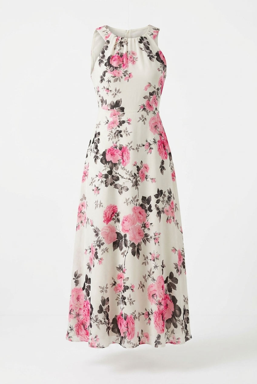 Fuchsia Evening Dress - A Vibrant Charm for Your Elegant Evenings with floral accents in pink and white.