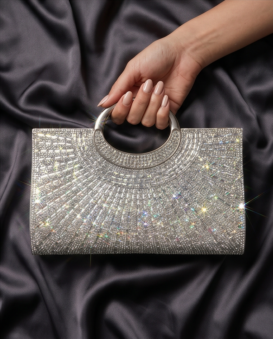 Elegant Silver Rhinestone Evening Clutch for a Dazzling Night Out held on a silky surface with sparkling rhinestones.
