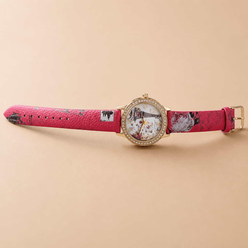 Silver-Tone Rhinestone Bracelet Watch | Elegant Jewelry Watch for Women on a pink strap with floral details.