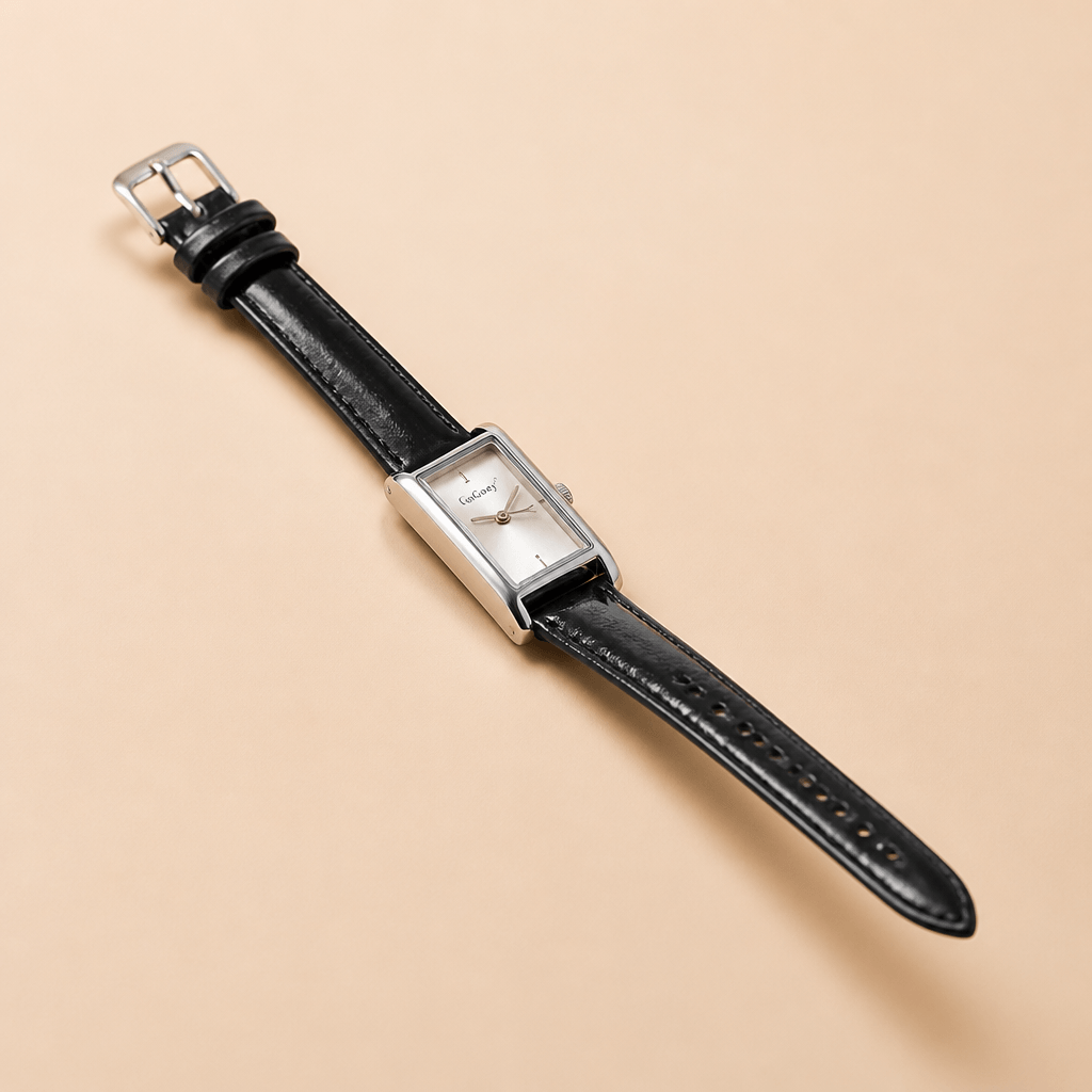 Gaiety Classic Gold Dial Watch | Rectangular Case & Leather Strap on a neutral background.