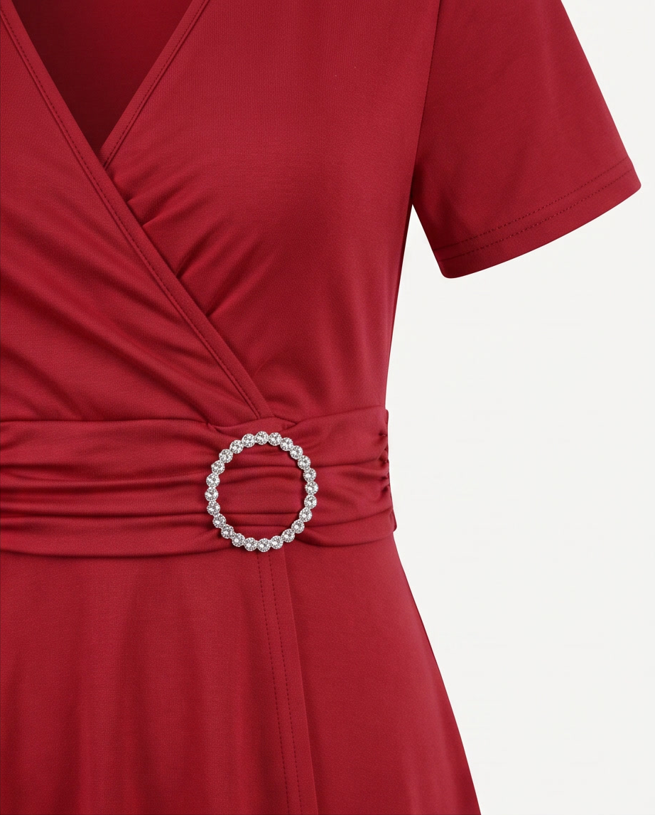 Close-up of O-Ring Buckle Faux-Wrap Short-Sleeve Midi Dress featuring a sparkling belt detail.