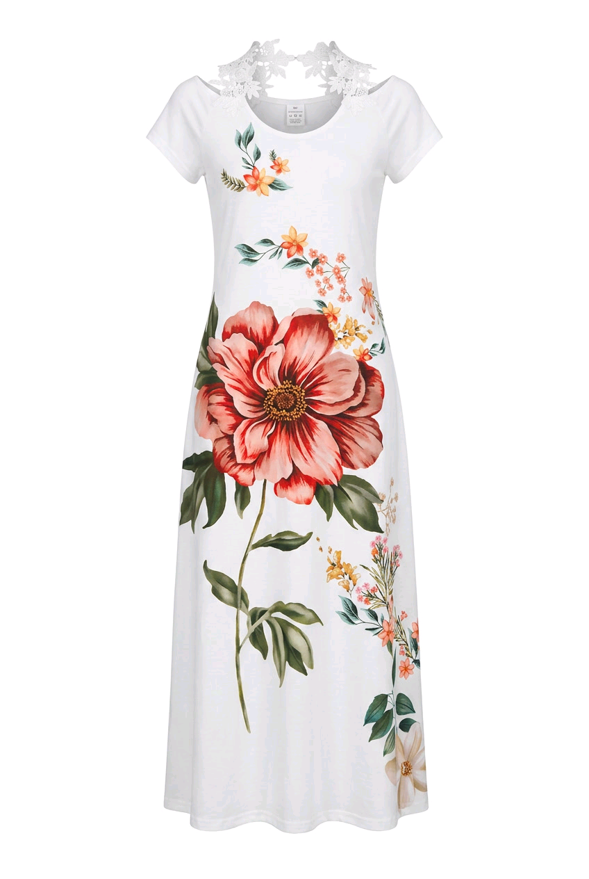 Floral Print Cold-Shoulder Lace-Trimming Maxi Dress featuring a beautiful floral design and lace trimming.