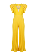 Deep V-Neck Layered Ruffle Sleeve Pleated Wide-Leg Jumpsuit in vibrant yellow with pleated wide-leg design.