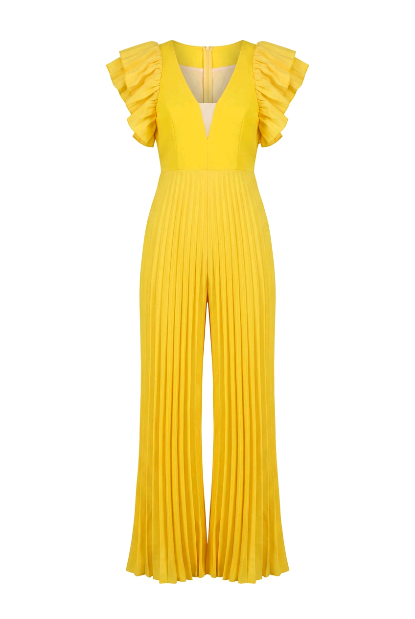 Deep V-Neck Layered Ruffle Sleeve Pleated Wide-Leg Jumpsuit in vibrant yellow with pleated wide-leg design.
