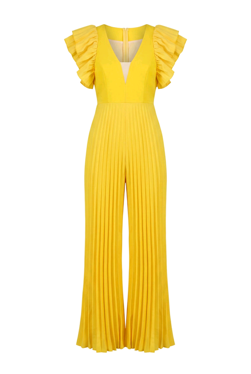 Deep V-Neck Layered Ruffle Sleeve Pleated Wide-Leg Jumpsuit in vibrant yellow with pleated wide-leg design.