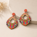 Retro Bohemian Ethnic Style Colorful Printed Wooden Tear Drop Dangle Earrings
