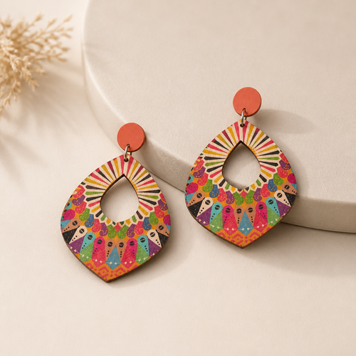 Bohemian Colorful Wooden Earrings: Transform Your Style with Vibrant Elegance displayed on a neutral background.