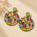 Retro Bohemian Ethnic Style Colorful Printed Wooden Round Geometric Hoop Dangle Earrings