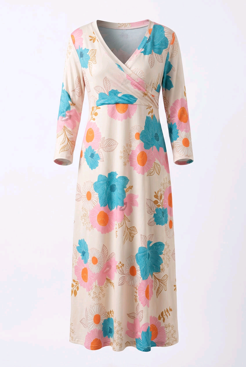 Faux-Wrap V-Neck 3/4-Sleeve Maxi Dress featuring a floral design in vibrant colors against a light background.