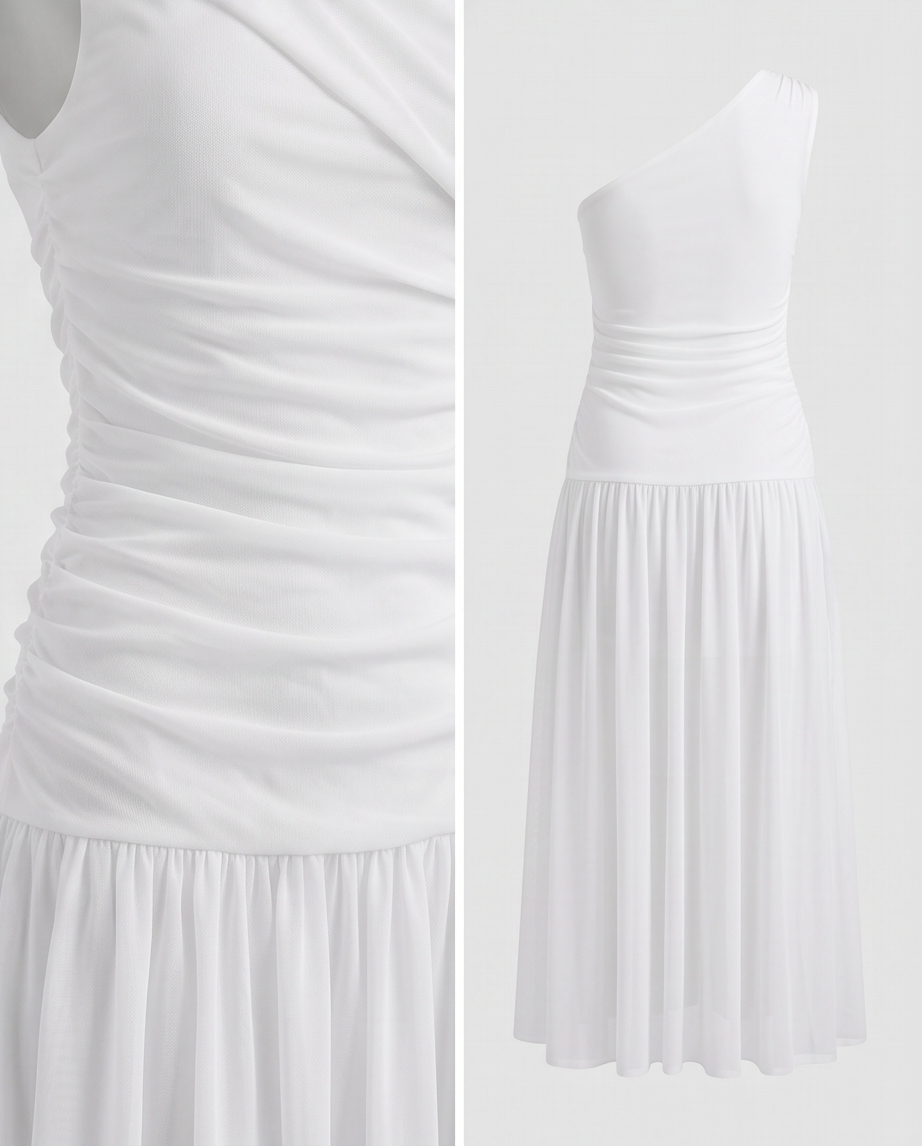 Elevate Your Style with Our Women's Holiday Maxi Dress in elegant white with a one-shoulder design and flowing skirt.