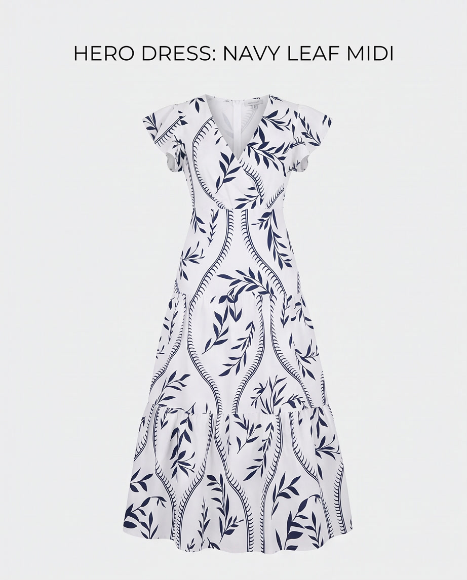 Leaf Print Tiered Maxi Dress featuring a floral design and a tiered skirt in navy and white.