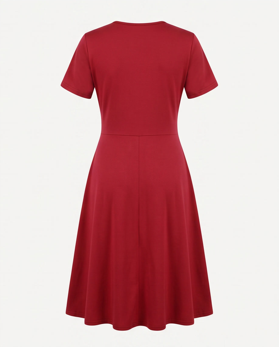 Back view of the O-Ring Buckle Faux-Wrap Short-Sleeve Midi Dress in red, showcasing its flattering silhouette.