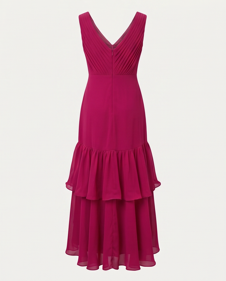 Goddiva Pleated Bardot High-Low Chiffon Midaxi Dress - Magenta, showcasing the elegant back design and flowing chiffon layers.