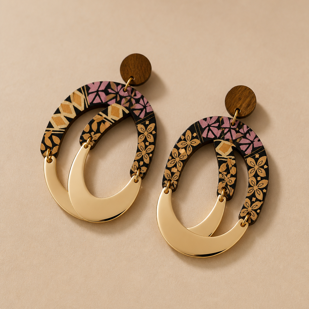 Retro Bohemian Kaleidoscope Pattern Printed Wooden Oval Dangle Earrings with Matte Gold Studs