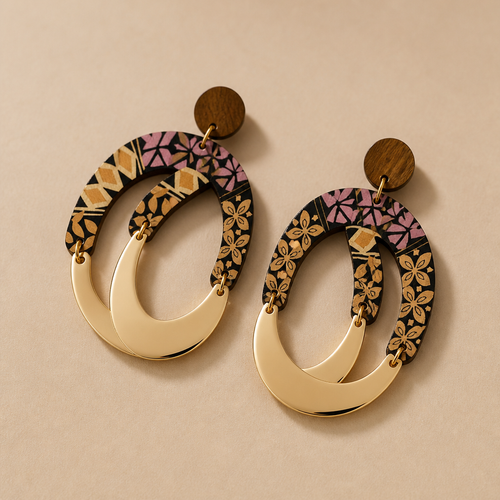 Bohemian Kaleidoscope Dangle Earrings: Artistic Wooden Jewelry with Matte Gold Accents Earrings Mercy Luxe store