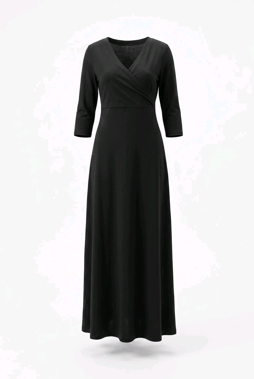 Faux-Wrap V-Neck 3/4-Sleeve Maxi Dress in elegant black fabric, perfect for stylish occasions.
