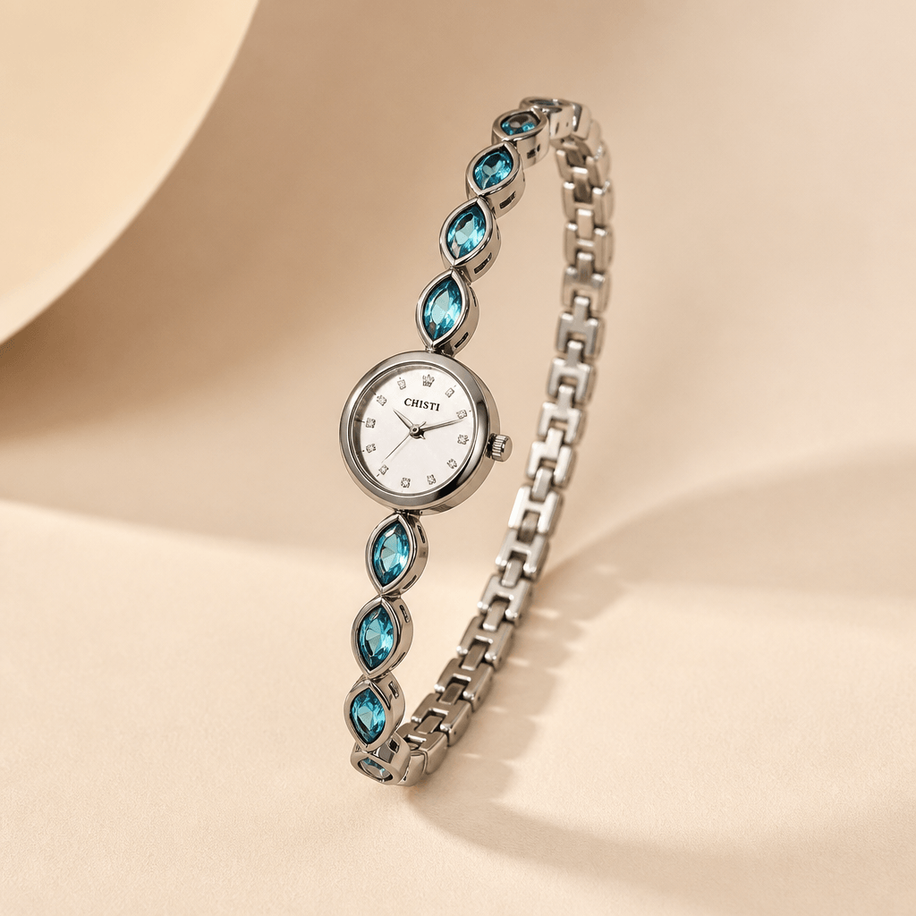 Faceted Crystal Cocktail Watch | Jewelry Link Wristwatch showcasing a refined design with turquoise gems and a round dial.