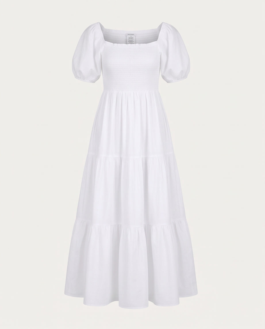 Square-Neck Puff-Sleeve Smocked Maxi Dress in white with puff sleeves and tiered design.