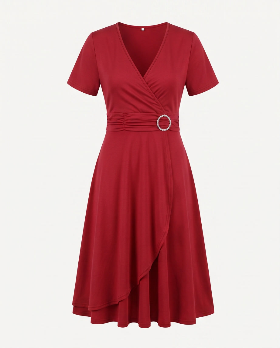O-Ring Buckle Faux-Wrap Short-Sleeve Midi Dress in red with decorative buckle detail.