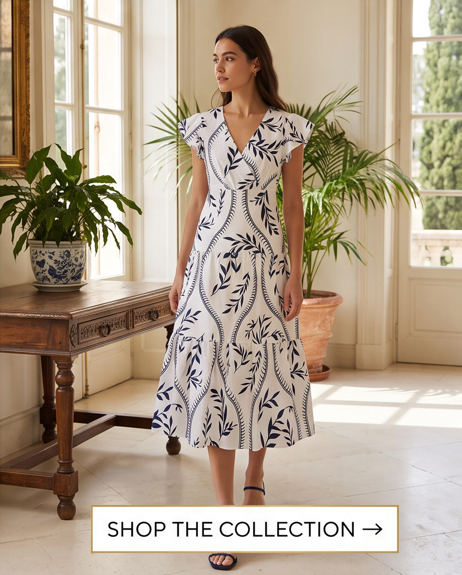 Model wearing a Leaf Print Tiered Maxi Dress in a bright indoor space with plants.