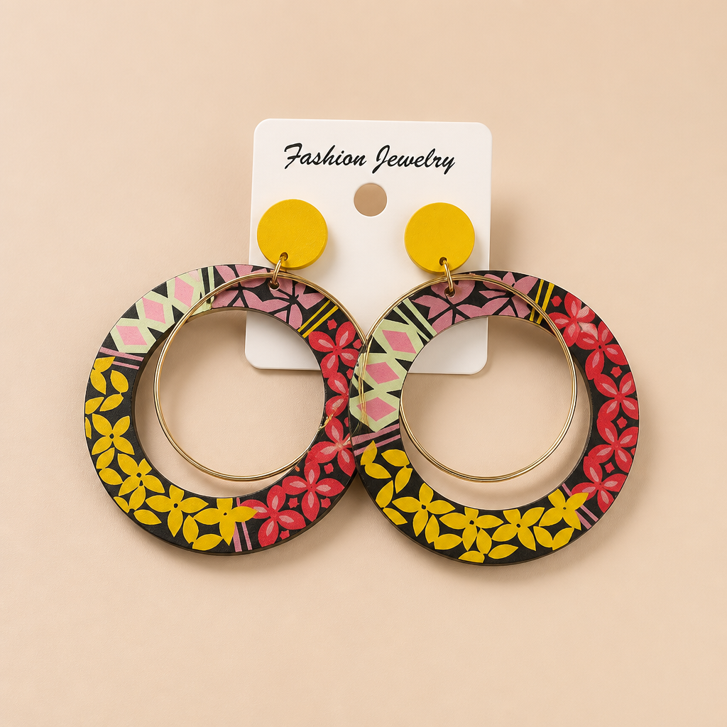 Retro Bohemian Kaleidoscope Pattern Printed Wooden Oval Dangle Earrings with Matte Gold Studs