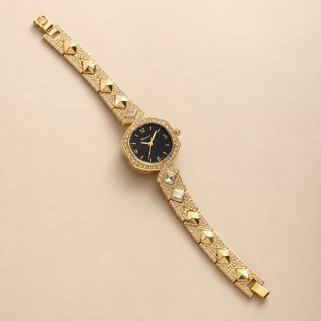 Gold-Tone Rhinestone Bracelet Watch | Luxury Jewelry Watch for Women with a bold bracelet and black dial.