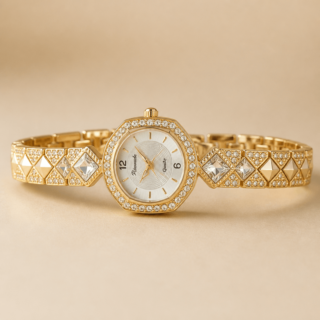 Gold-Tone Rhinestone Bracelet Watch | Luxury Jewelry Watch for Women, featuring sparkling rhinestones and elegant gold-tone design.