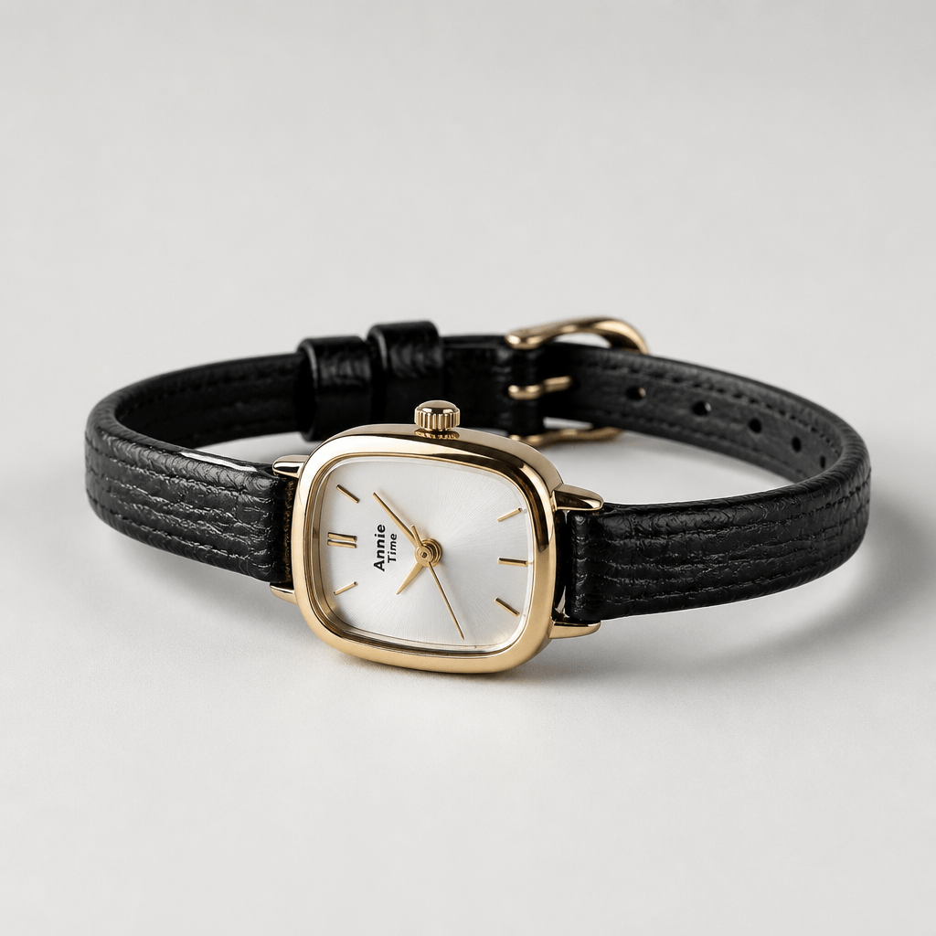 Vintage Cushion-Case Women's Watch | Gold-Plated & Emerald Leather Strap on a grey background.
