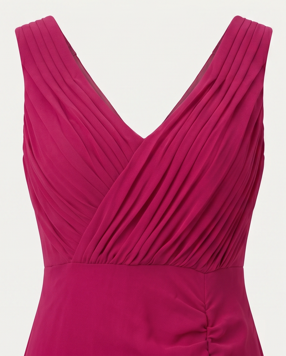 Goddiva Pleated Bardot High-Low Chiffon Midaxi Dress - Magenta featuring a pleated bodice and elegant neckline.