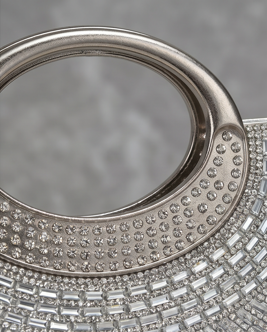 Elegant Silver Rhinestone Evening Clutch for a Dazzling Night Out, showcasing intricate crystal embellishments.