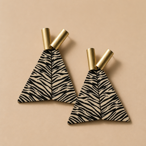 Bohemian Statement Dangle Earrings - Retro Zebra Stripe Wooden Masterpiece on a neutral background