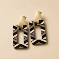 Retro Bohemian Geometric Chevron Pattern Printed Wooden Open Rectangle Dangle Earrings with Brushed Gold Studs