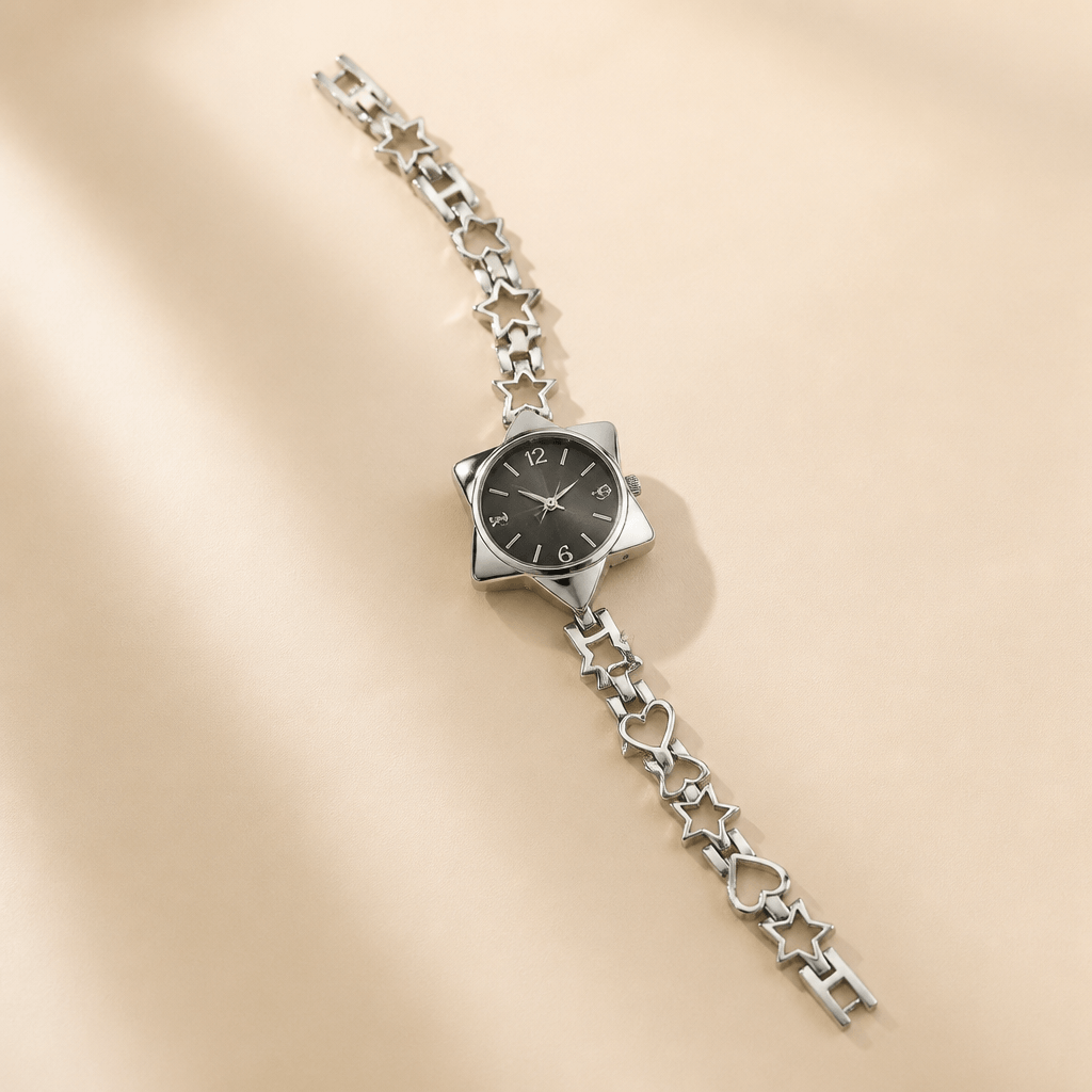 Celestial Star-Shaped Dress Watch | Crystal Rhinestone Timepiece with star-shaped case and rhinestone accents.