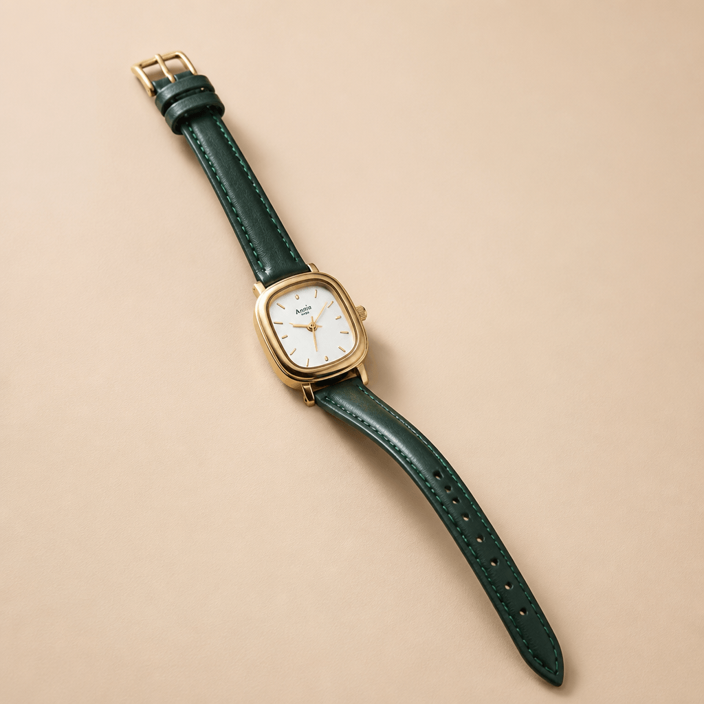 Vintage Cushion-Case Women's Watch | Gold-Plated & Emerald Leather Strap on a light background.