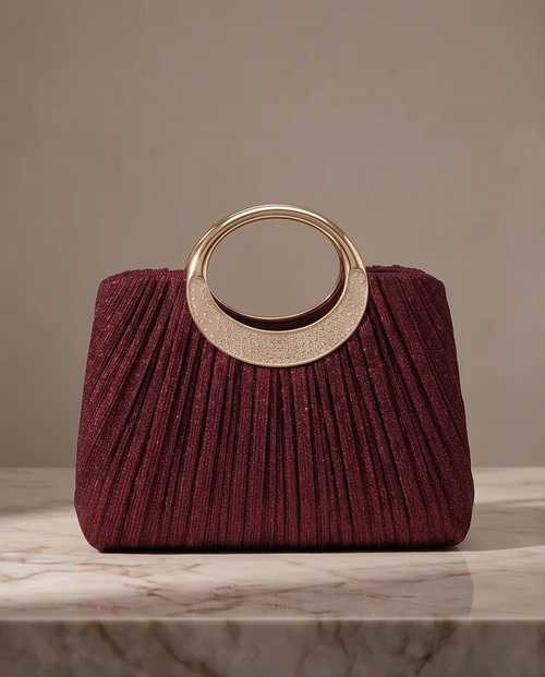 "Seraphina" Burgundy Pleated Satin Top-Handle Evening Bag