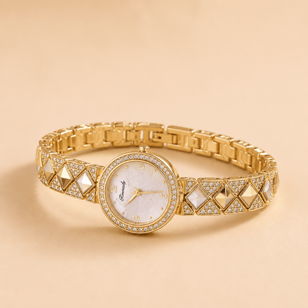 Gold-Tone Rhinestone Bracelet Watch | Luxury Jewelry Watch for Women on beige background, showing sparkling design.