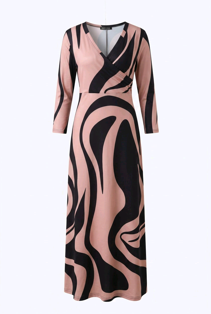 Faux-Wrap V-Neck 3/4-Sleeve Maxi Dress featuring a stylish abstract print in soft tones.
