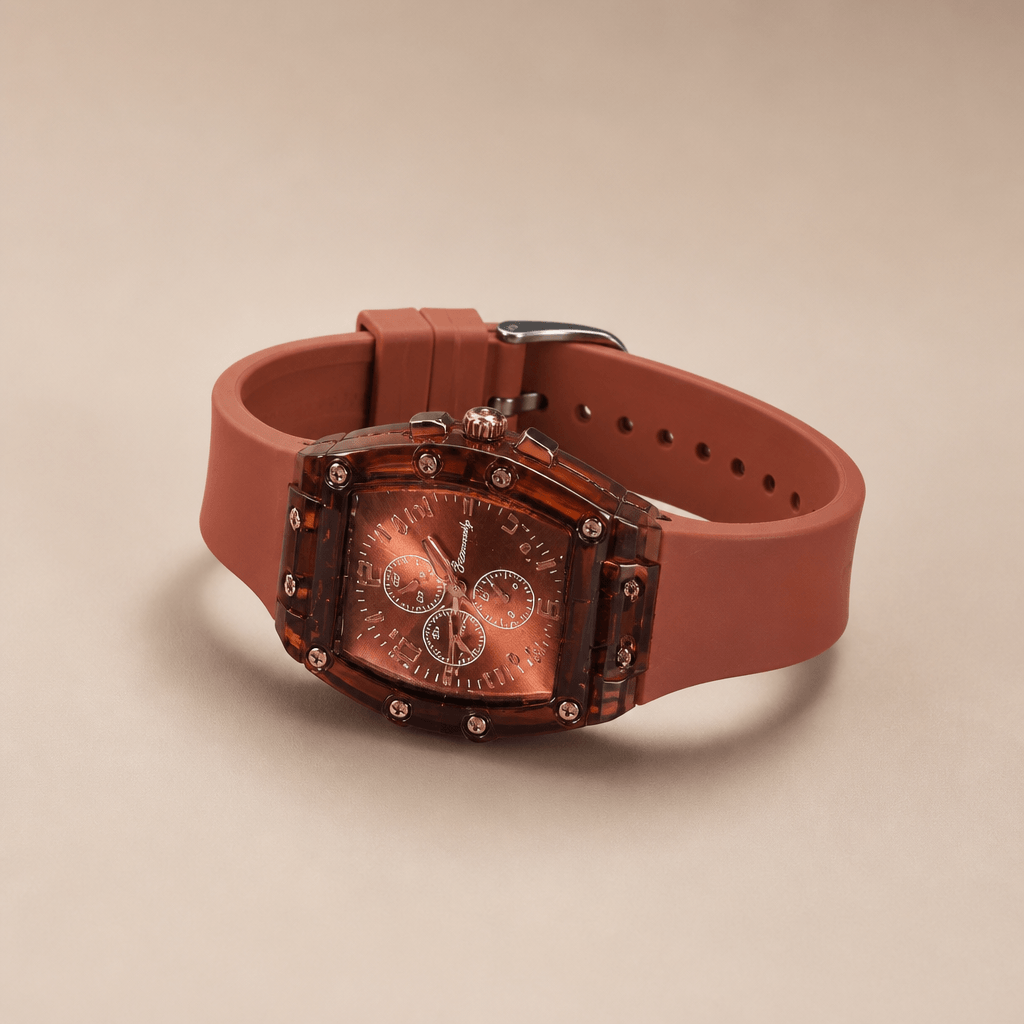 Translucent Tonneau Sports Watch | Unisex Silicone Chronograph-Style on a beige background.